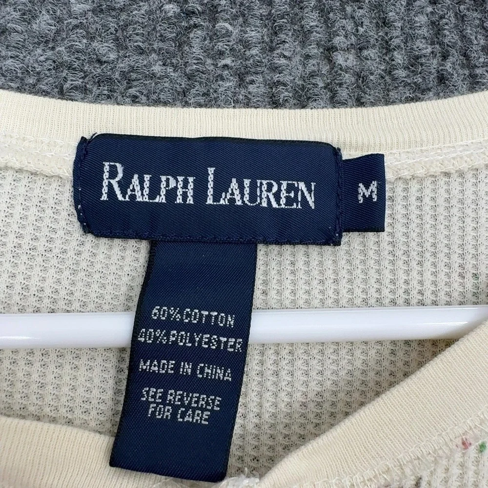 Ralph Lauren Henley Top Womens M Cream Cotton Blend Floral Thermal Henley Casual